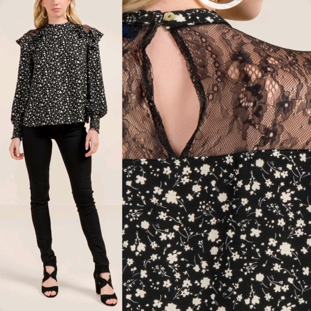 Francesca's Anna Floral Peasant Sleeve Lace Blouse